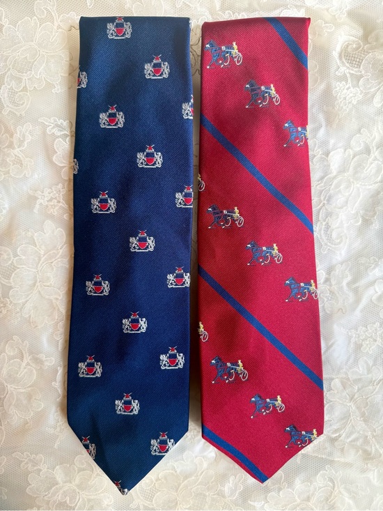 Vintage Other - Vtg Curated Old Money Duo Neck Ties Navy Crest & Red Carriage Equestrian Retro